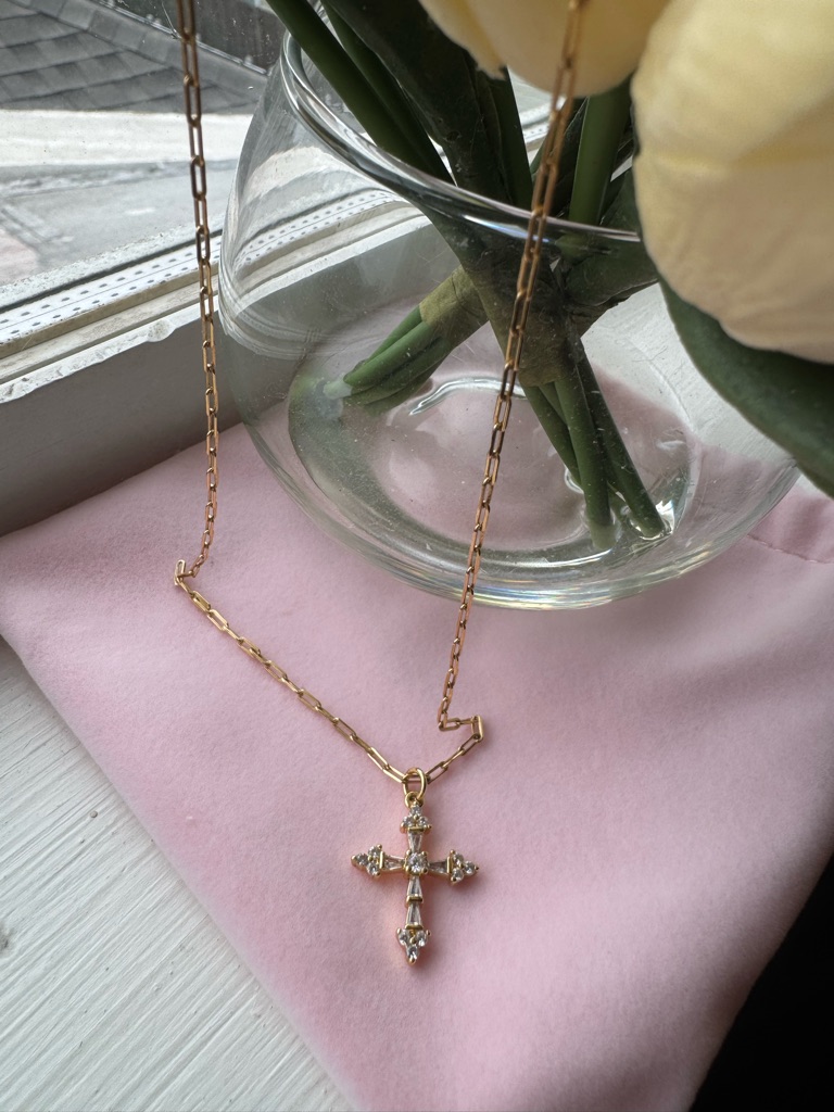 Delicate Gold Cross Necklace With Clear Stones - Women Jewelry